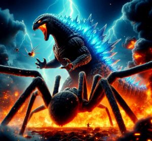 Spinne und Dinosaurier kämpfen
